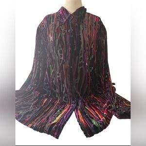 Vintage Bob Mackie Black Sheer Blouse with Pink, Orange, Green, Purple